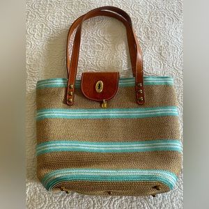 Eric Javits Tan With Baby Blue and White Stripes Straw Tote